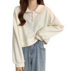Damen Kurzarm Sweatshirt mit modischem Kragen und dekorativen Knöpfen