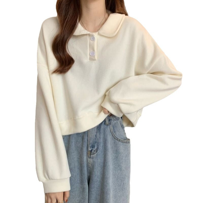 Damen Kurzarm Sweatshirt mit modischem Kragen und dekorativen Knöpfen