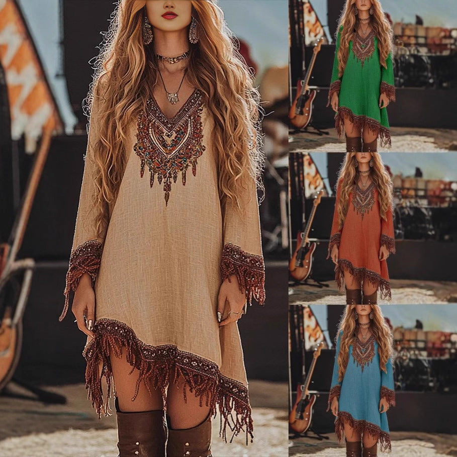 Damen Festival-Kleid mit kunstvollem Stickdesign und Fransen R&B