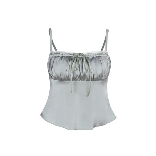 Damen Satin-Camisole mit verstellbaren Spaghettiträgern und Spitzenabschluss R&B