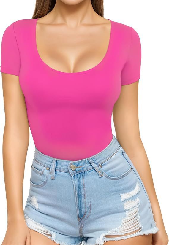 Damen figurbetontes Kurzarm-Body mit rundem Ausschnitt und nahtlosem Design R&B