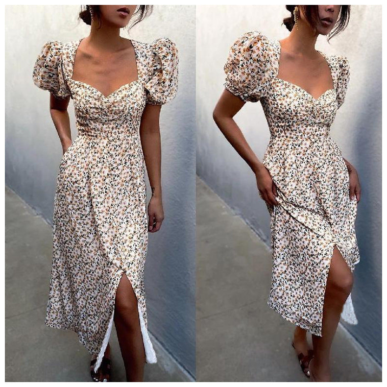 Damen Midi-Kleid mit ballonartigen Ärmeln und aufregendem Muster R&B