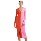 Damen Knopf-Design Maxikleid mit tiefem V-Ausschnitt und Rippstruktur R&B