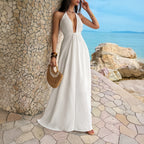 Damen Maxi-Urlaubs- und Strandkleid mit tiefem V-Ausschnitt und Rückenlöcher R&B