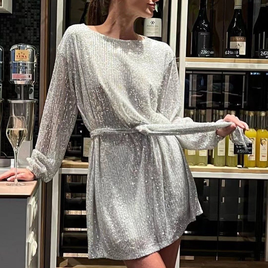 Damen Glamouröses Cocktailkleid mit funkelnden Lurex-Fäden und elastischem Taillengürtel R&B