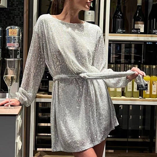 Damen Glamouröses Cocktailkleid mit funkelnden Lurex-Fäden und elastischem Taillengürtel R&B