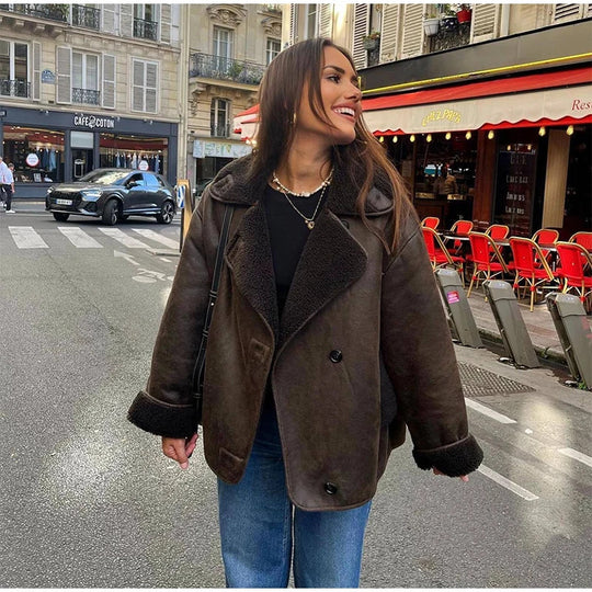 Damen Kunstlederjacke mit Teddyfutter R&B