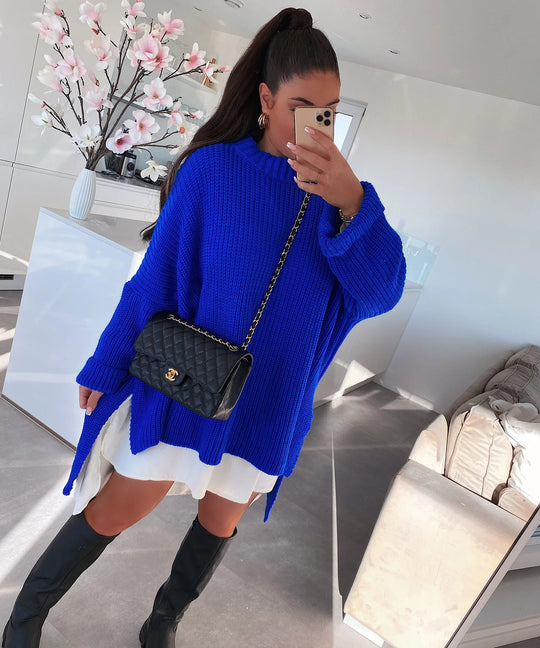 Damen grob gestrickter Oversize-Pullover mit V-Ausschnitt und lässigem Schnitt R&B