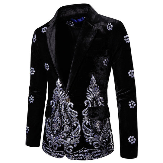 Herren eleganter Samtblazer mit opulenter Stickerei R&B