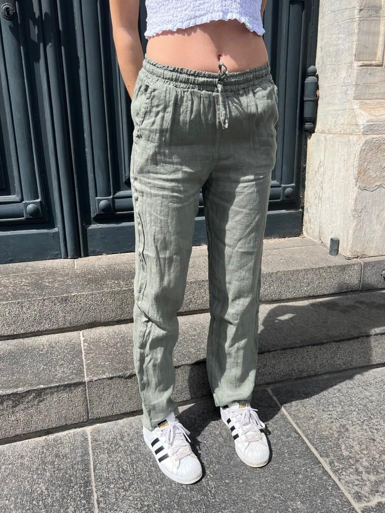 Damen lockere Leinenhose mit elastischem Bund und seitlichen Taschen R&B