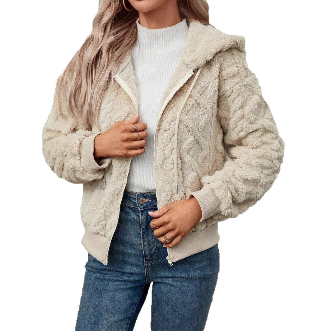 Damen modische Plüschjacke mit Kapuze und gerippten Bündchen R&B