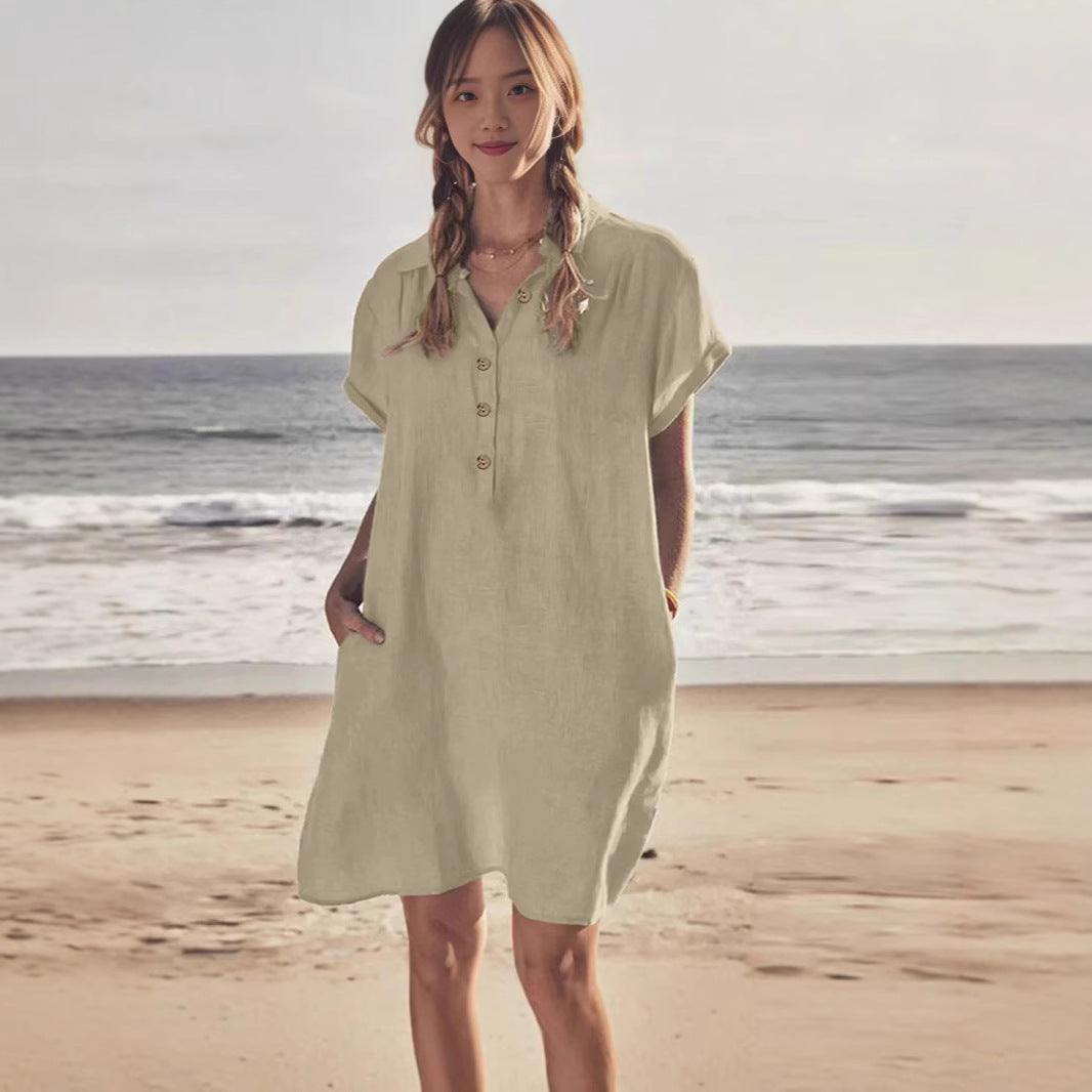 Damen leichtes Strandhemdkleid mit Knopfleiste und Seitentaschen R&B