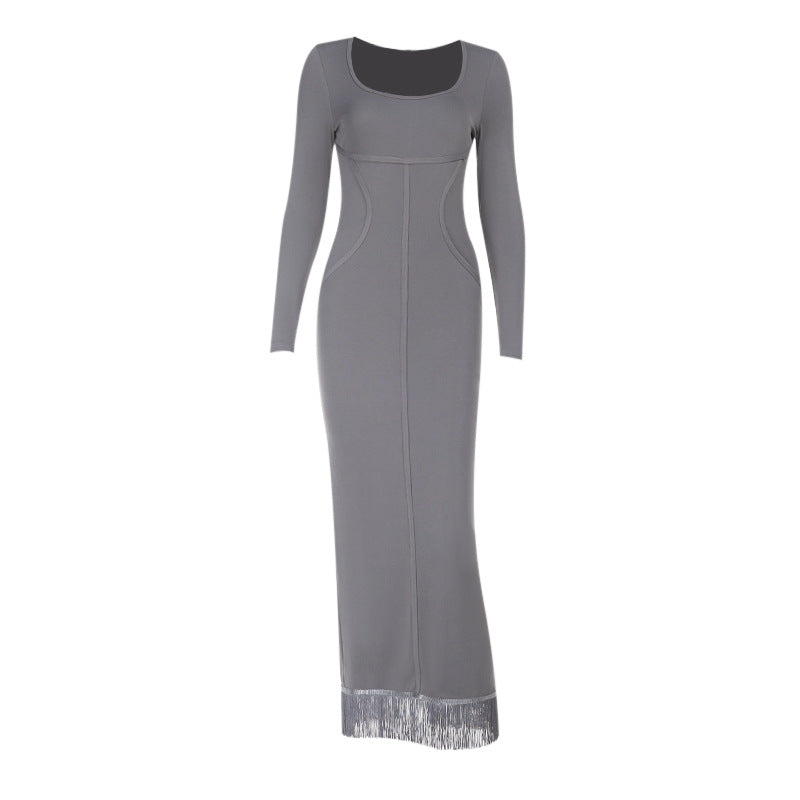 Damen figurbetontes Sweatkleid mit langem Arm und elegantem Quadrat-Ausschnitt EB