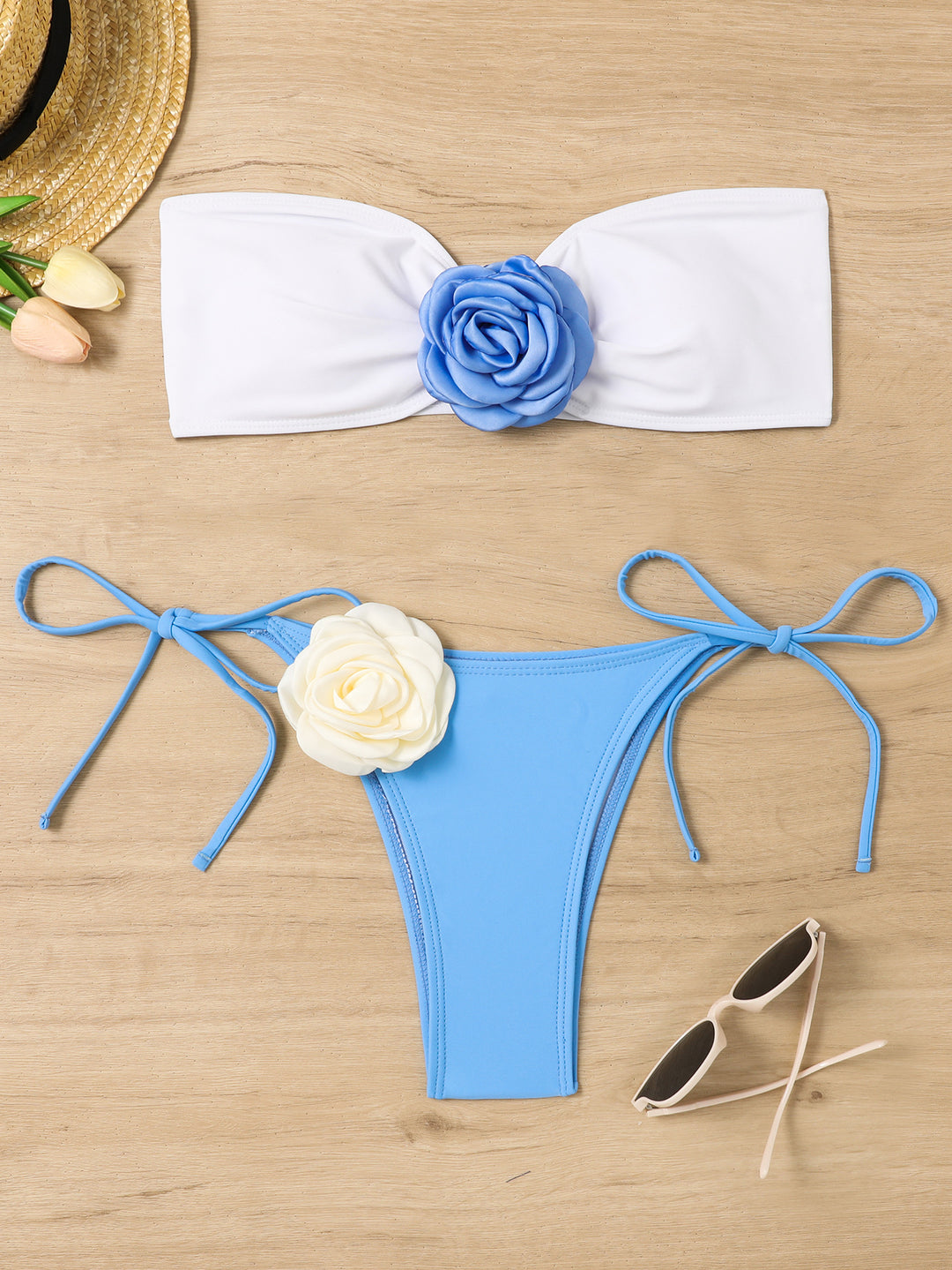 Damen Bandeau Bikini mit Blumenapplikation R&B