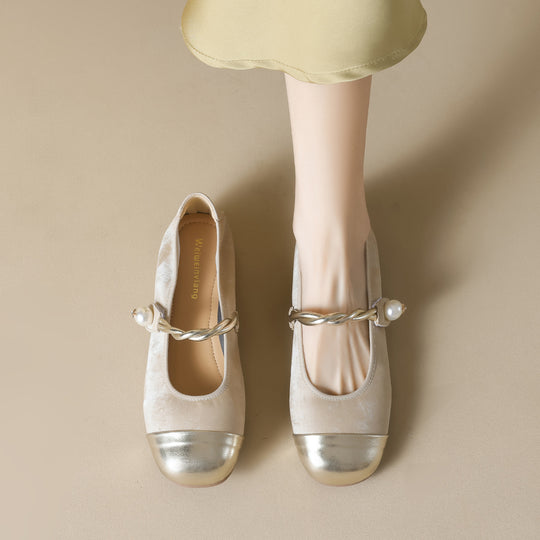 Damen Ballerinas mit elegantem Riemen und modischem Perlenschmuck R&B