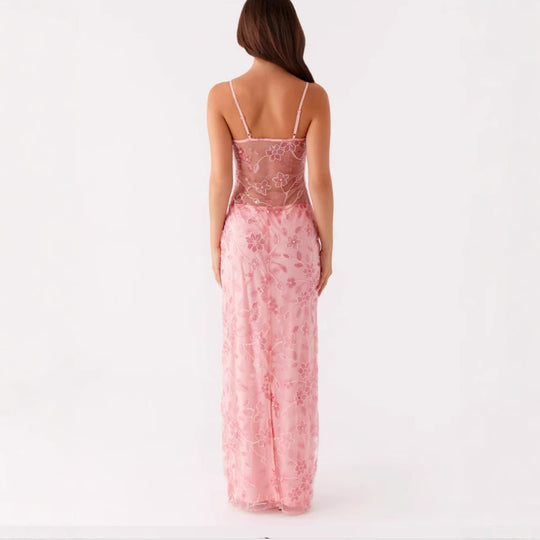 Damen Elegantes Maxikleid mit transparenten Spitzenakzenten und floralen Verzierungen R&B