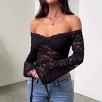 Damen Spitzentop mit Schulterfreiem Design und Volantärmeln R&B