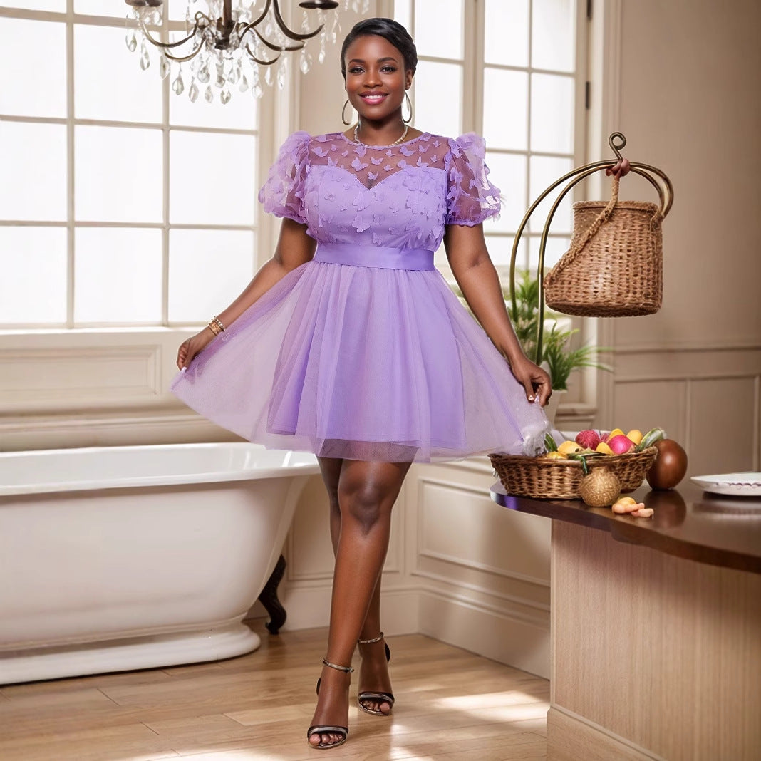 Damen Festliches Kleid mit transparenten Puffärmeln und zarten Schmetterlingsdetails R&B