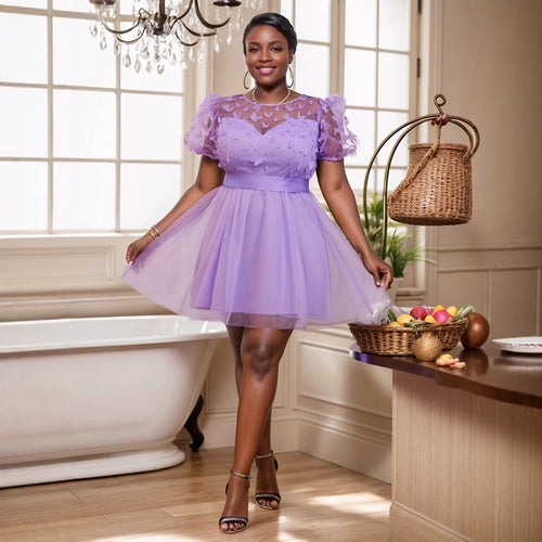 Damen Festliches Kleid mit transparenten Puffärmeln und zarten Schmetterlingsdetails R&B