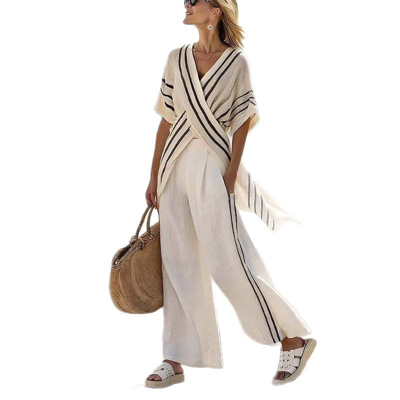 Damen nan resort-inspiriertes Set mit überkreuzter Kimono-Tunika und hochgeschnittener Palazzohose R&B