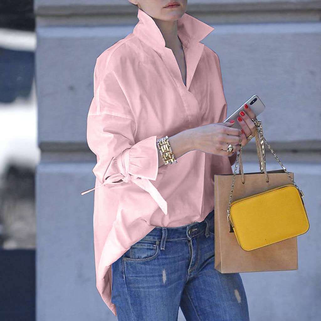Damen lässige Overshirt-Bluse mit hohen Kragen und modernen Bindegürteln R&B