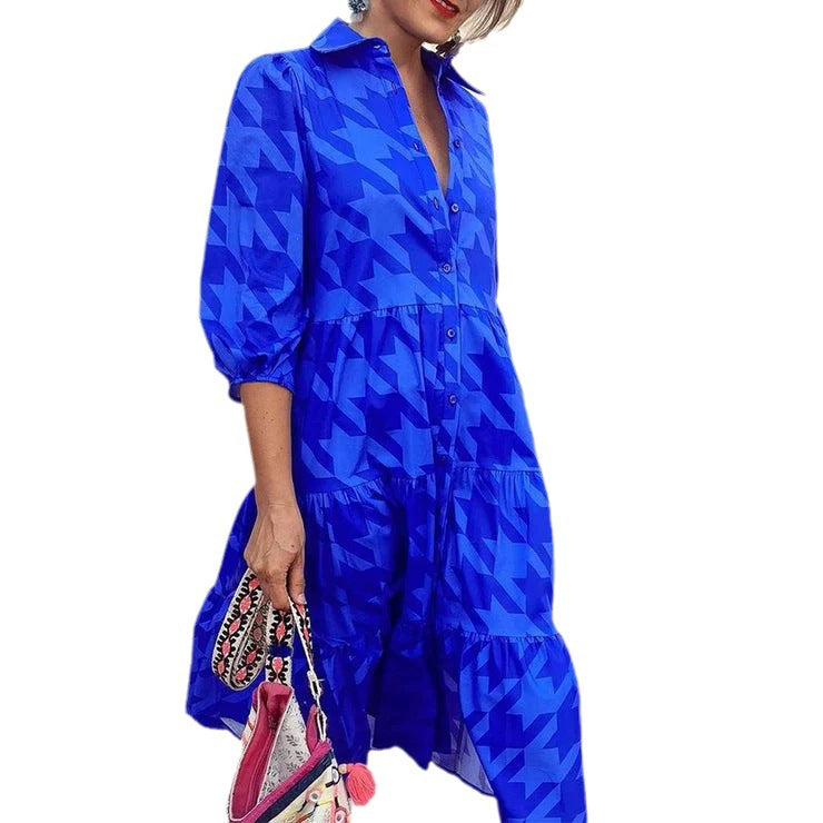 Damen Langarm-Hemdblusenkleid mit modischem Muster und praktischen Taschen R&B