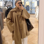 Damen modische Oversized-Jacke mit Schal und praktischen Taschen R&B