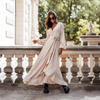 Damen Langärmliges Maxikleid mit Taillengürtel und eleganten Rüschendetails R&B
