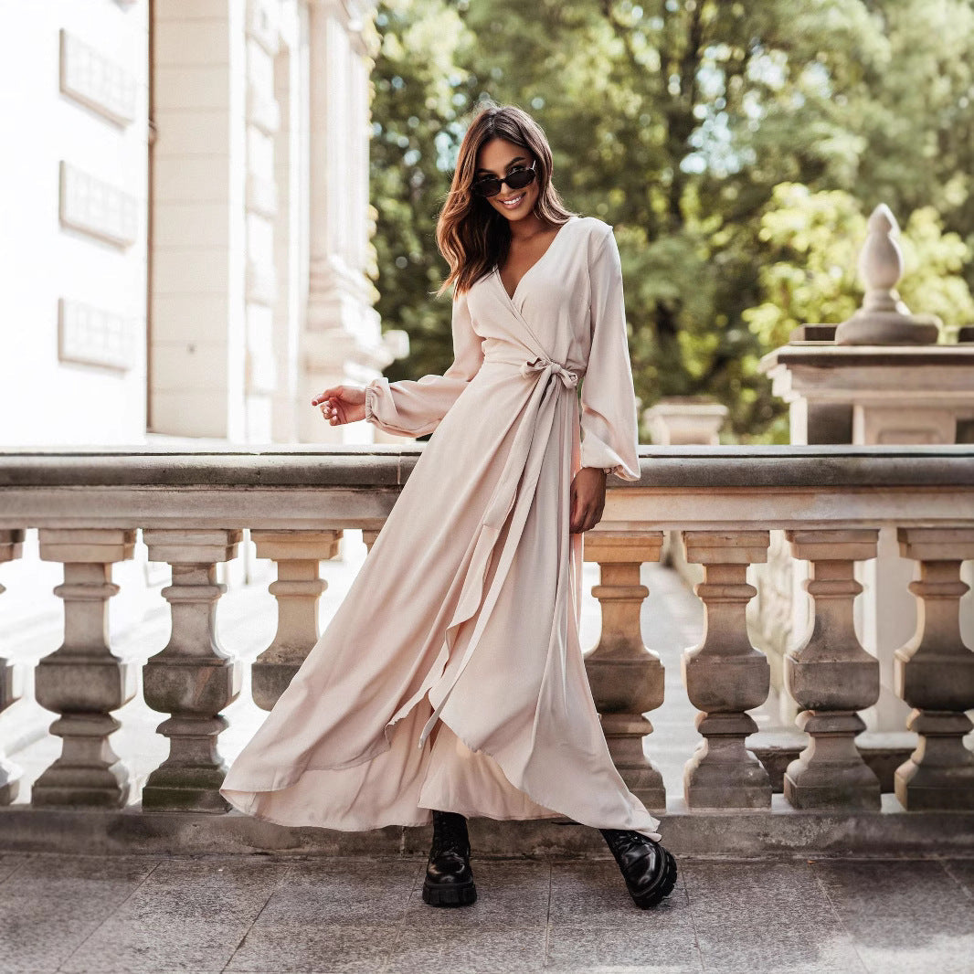 Damen Langärmliges Maxikleid mit Taillengürtel und eleganten Rüschendetails R&B