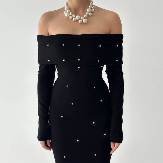 Damen schulterfreies Maxikleid mit eleganter Perlenverzierung und figurbetontem Schnitt R&B