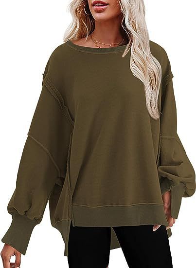 Damen lässiger Sweatshirt mit Ballonärmeln und seitlichen Schlitzen R&B