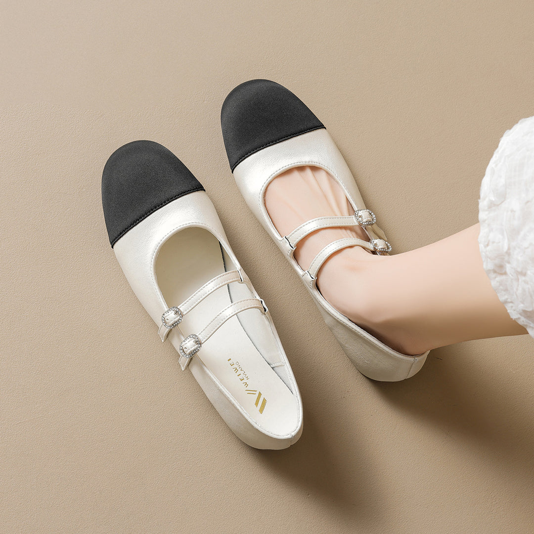 Damen Ballerina-Schuhe mit doppeltem Riemen und glänzender Schnallenverzierung R&B