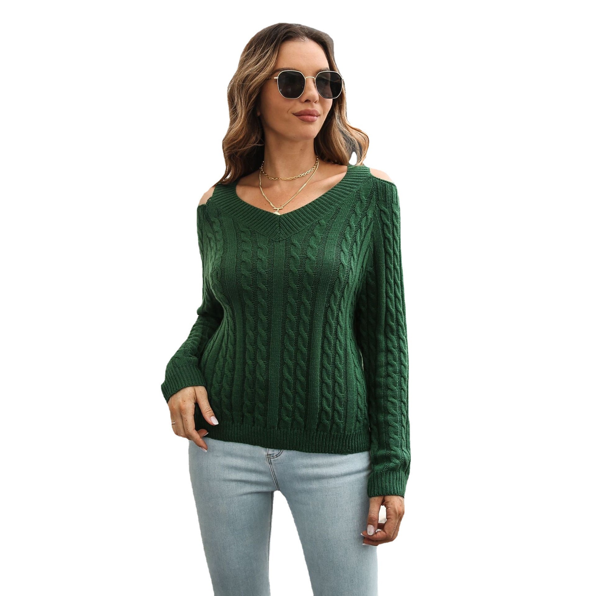 Damen Strickpullover mit lässigem V-Ausschnitt und offenen Schultern R&B