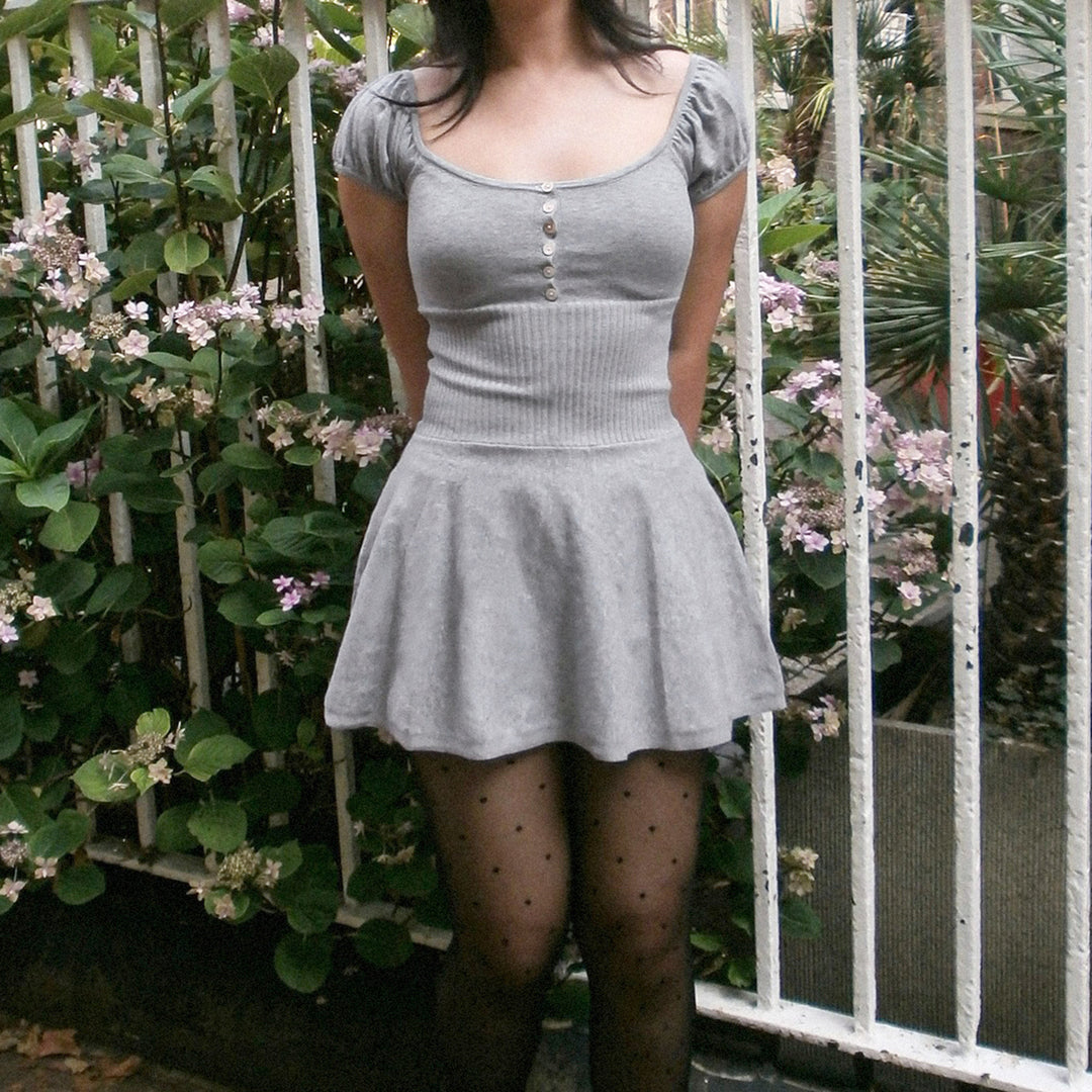 Damen elegantes Kleid mit Puffärmeln und Knopfleiste R&B