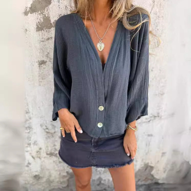 Damen luftige Bluse mit tiefem V-Ausschnitt und Knopfdetails R&B