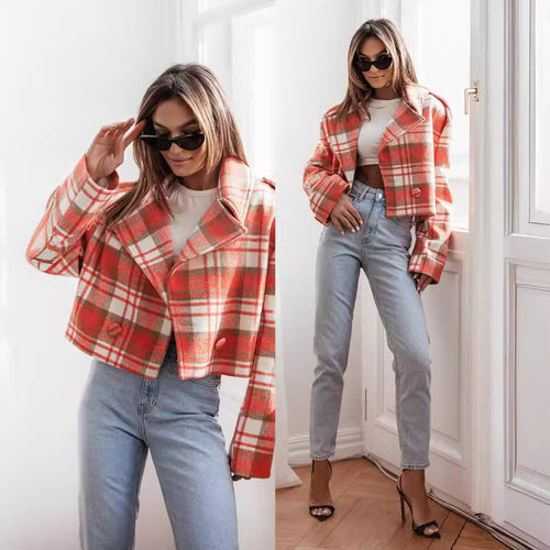 Damen Karierte Cropped Jacke R&B