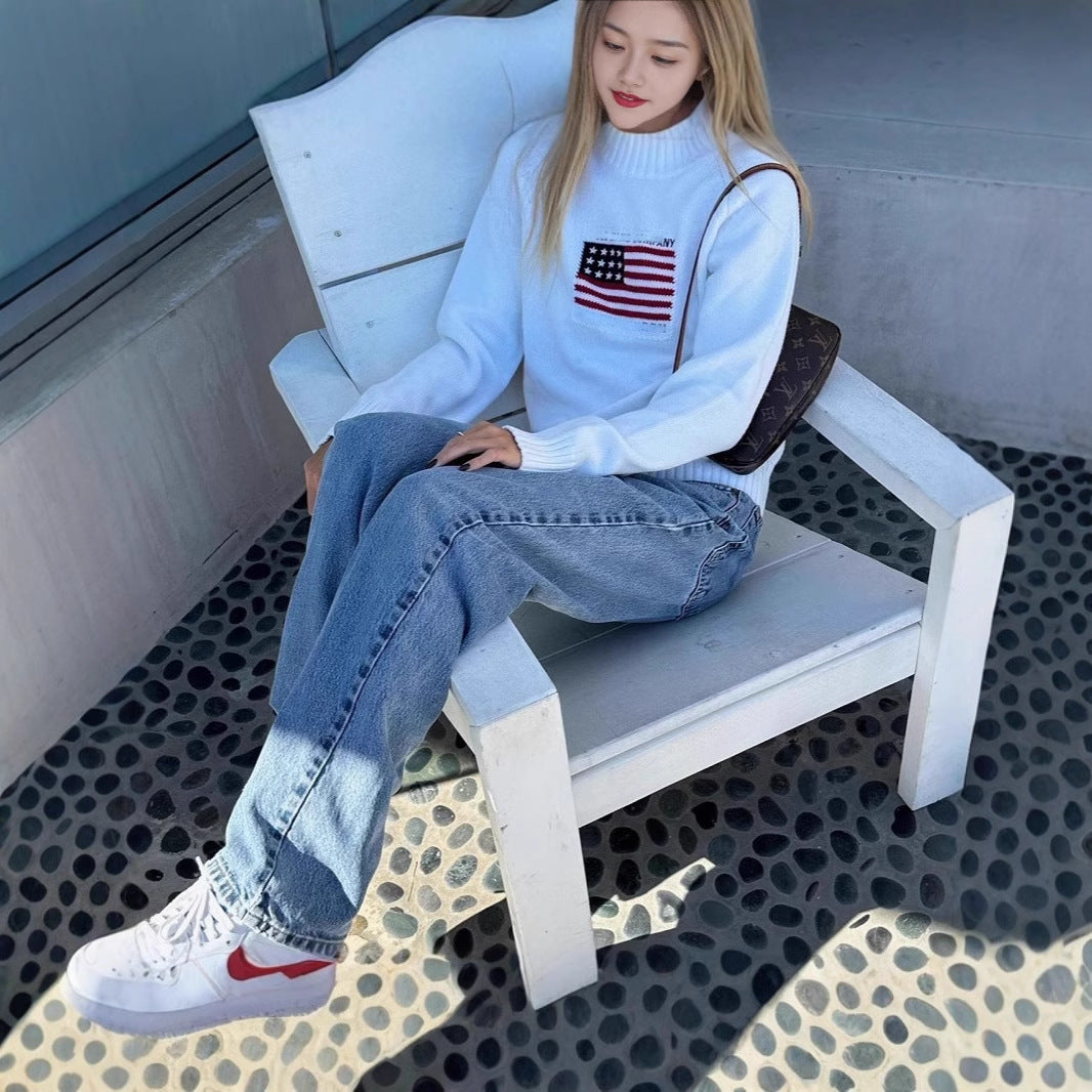 Damen Lässiger Pullover mit kreativem Flaggenmotiv und weichem Strick R&B