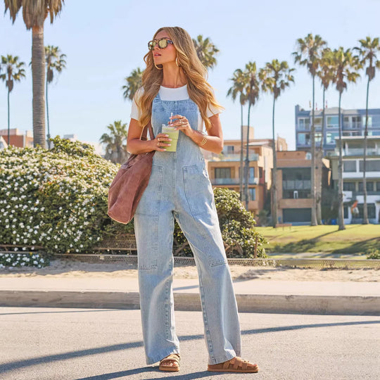 Damen Lässige Overall aus Denim mit weit geschnittenem Bein und praktischen Taschen R&B