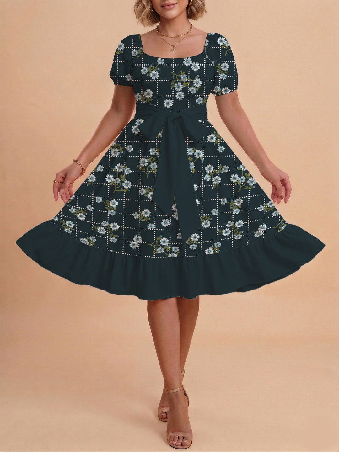 Damen Blumenkleid mit taillierbarem Gürtel und voluminösen Ärmeln R&B