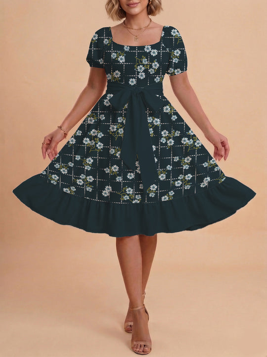 Damen Blumenkleid mit taillierbarem Gürtel und voluminösen Ärmeln R&B
