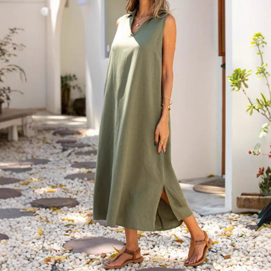 Damen Lässiges Maxikleid mit seitlichen Schlitzen und modischem Kragen R&B