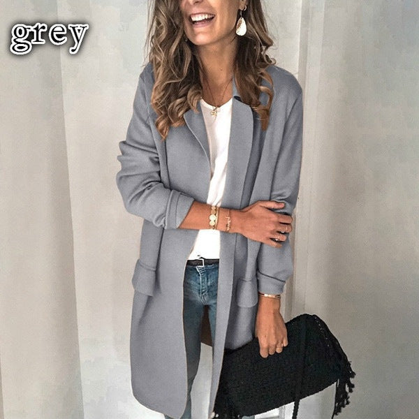 Damen stylische lange Jacke mit klassischem Revers R&B