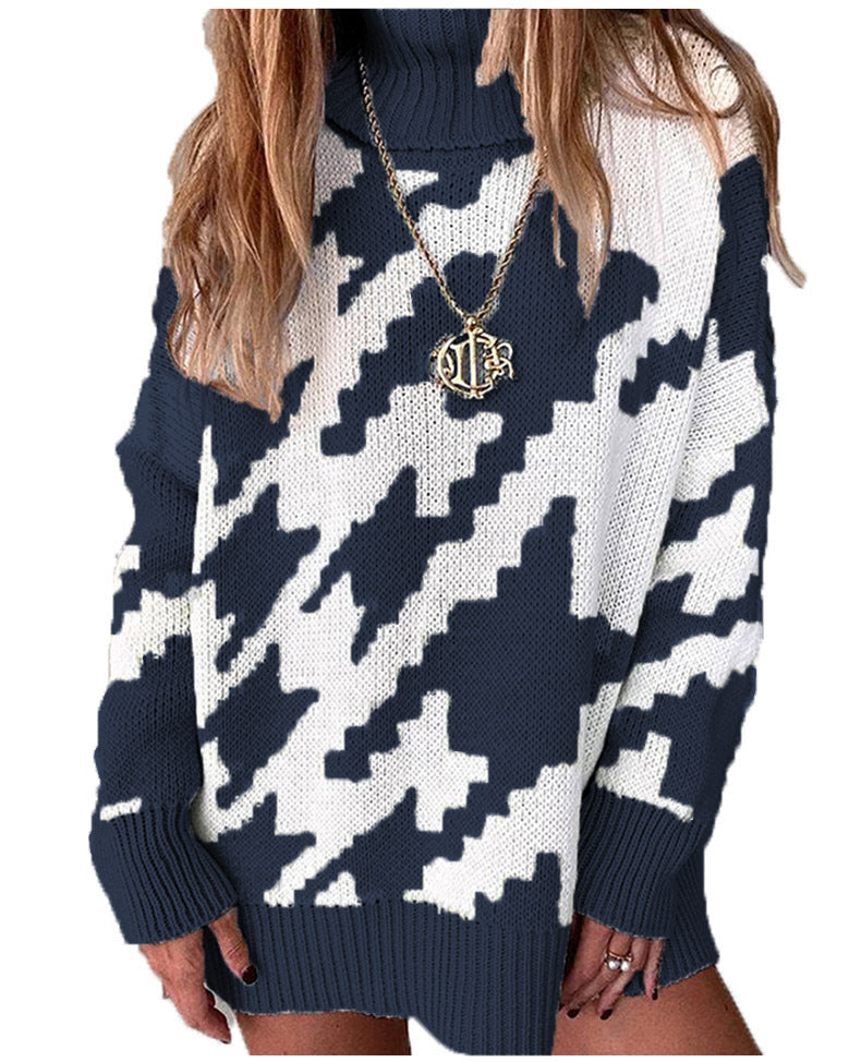 Damen Grobstrickpullover mit hohem Kragen und modernem geometrischen Muster R&B