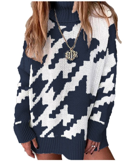 Damen Grobstrickpullover mit hohem Kragen und modernem geometrischen Muster R&B