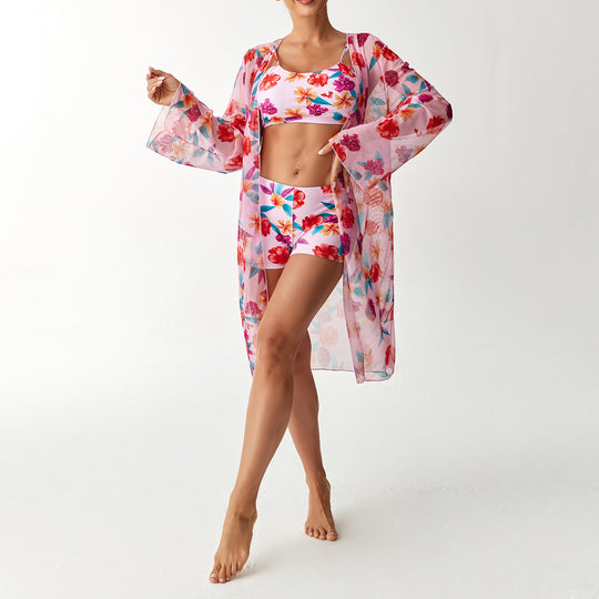 Damen Badeanzug Set mit floralem Oberteil und transparentem Strandüberwurf R&B