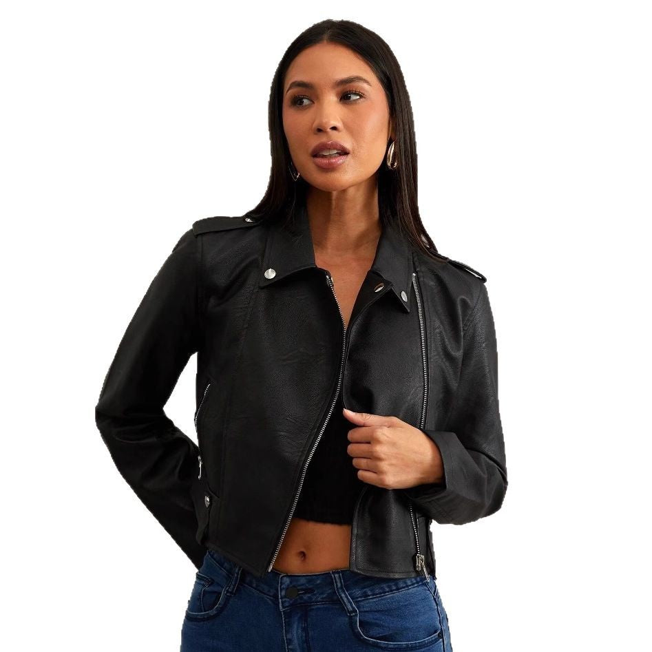 Damen modische Bikerjacke aus Kunstleder mit stilvollem Reißverschluss R&B