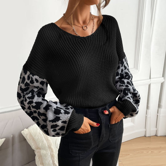 Damen Strickpullover mit modischem Leopardenmuster an den Ärmeln R&B