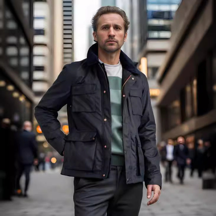Herren modische Utility-Jacke mit mehreren praktischen Taschen und Kunstfellkragen R&B