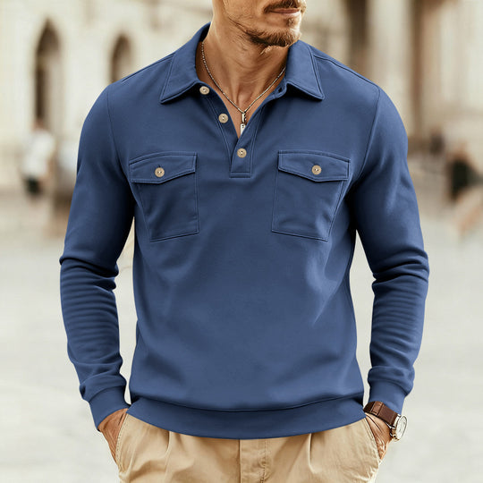Herren nan figurbetontes Langarm-Poloshirt mit Hemdkragen und aufgesetzten Brustklappen R&B