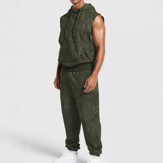 Herren nan ärmelloses Kapuzensweat-Set in Veloursoptik mit elastischer Jogginghose und gerippten Abschlüssen R&B
